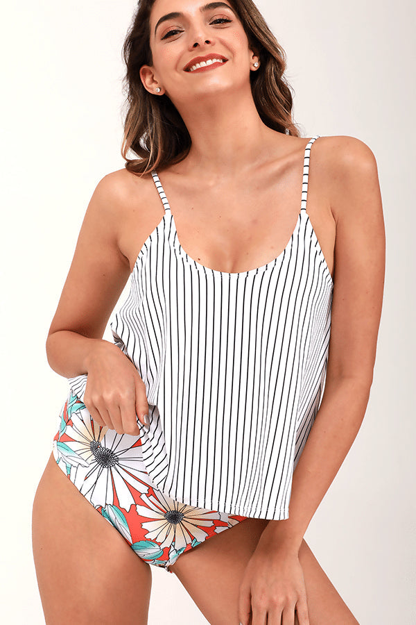 STRIPE PRINT HIGH WAIST TANKINI